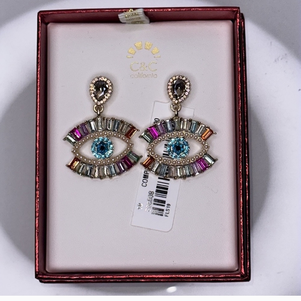 C&C California Evil Eye Rhinestone Crystals Dangle Earrings NWT
